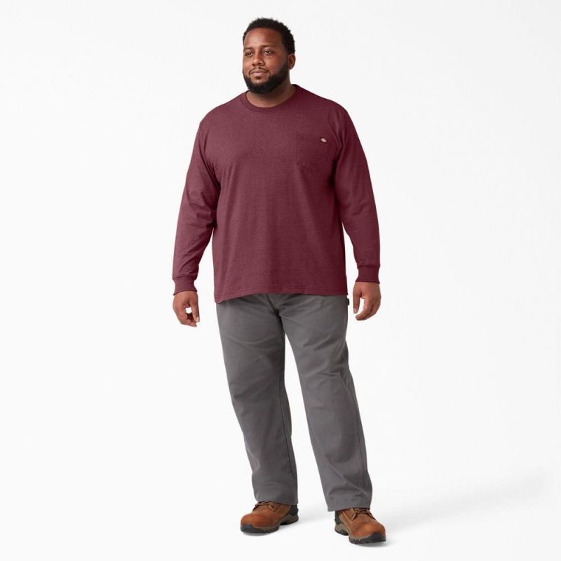 Burgundy Men's Dickies Heavyweight Heathered Long Sleeve Pocket T-Shirt | LWT074196