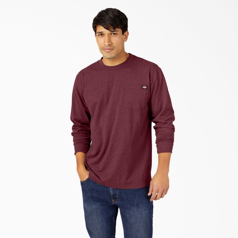 Burgundy Men\'s Dickies Heavyweight Heathered Long Sleeve Pocket T-Shirt | LWT074196