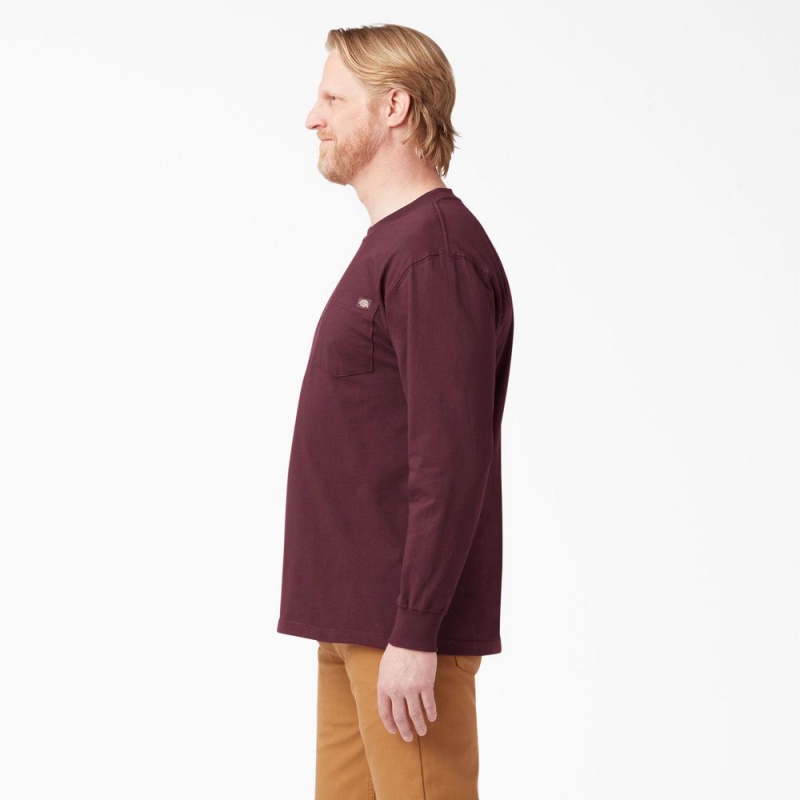 Burgundy Men's Dickies Heavyweight Long Sleeve Pocket T-Shirt | ZWP462195