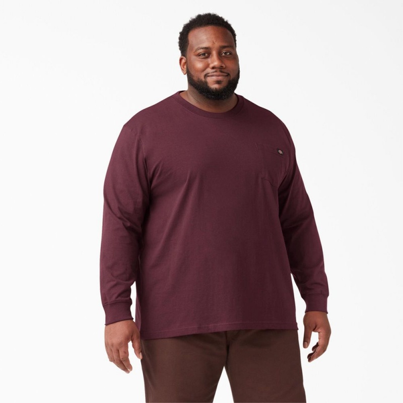 Burgundy Men's Dickies Heavyweight Long Sleeve Pocket T-Shirt | ZWP462195