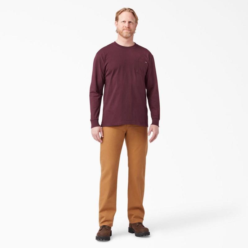 Burgundy Men's Dickies Heavyweight Long Sleeve Pocket T-Shirt | ZWP462195