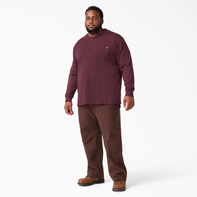 Burgundy Men's Dickies Heavyweight Long Sleeve Pocket T-Shirt | ZWP462195