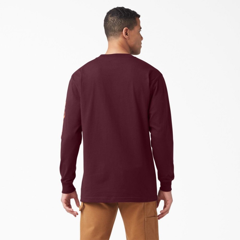 Burgundy Men's Dickies Logo Graphic Long Sleeve Pocket T-Shirt | BUW278459