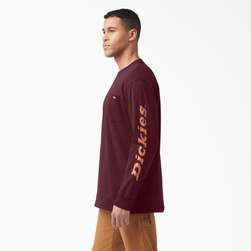 Burgundy Men's Dickies Logo Graphic Long Sleeve Pocket T-Shirt | BUW278459