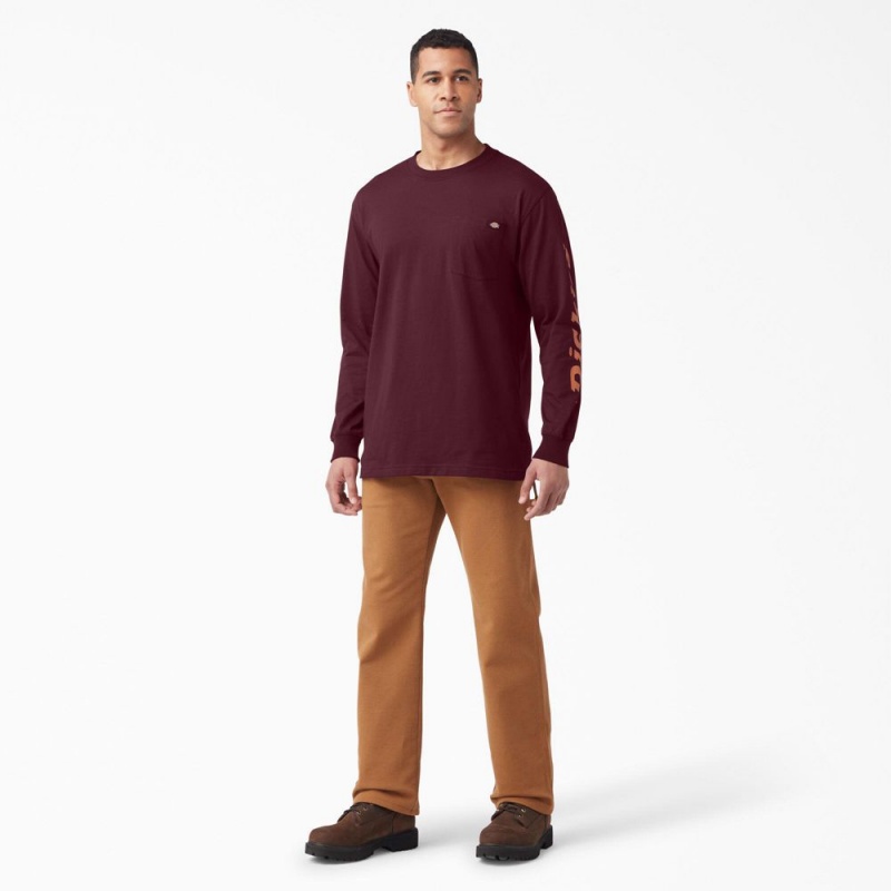 Burgundy Men's Dickies Logo Graphic Long Sleeve Pocket T-Shirt | BUW278459