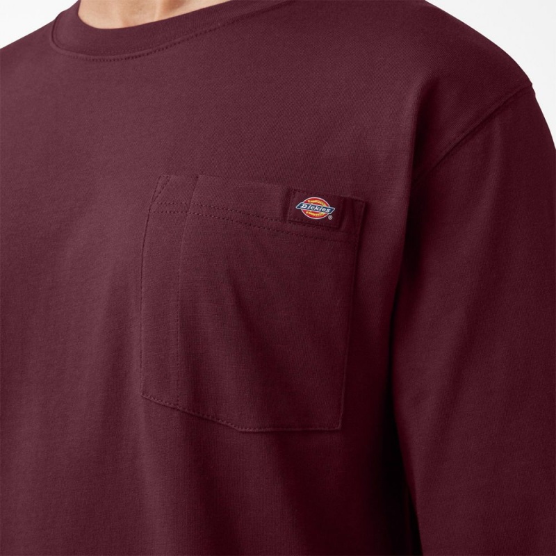 Burgundy Men's Dickies Logo Graphic Long Sleeve Pocket T-Shirt | BUW278459