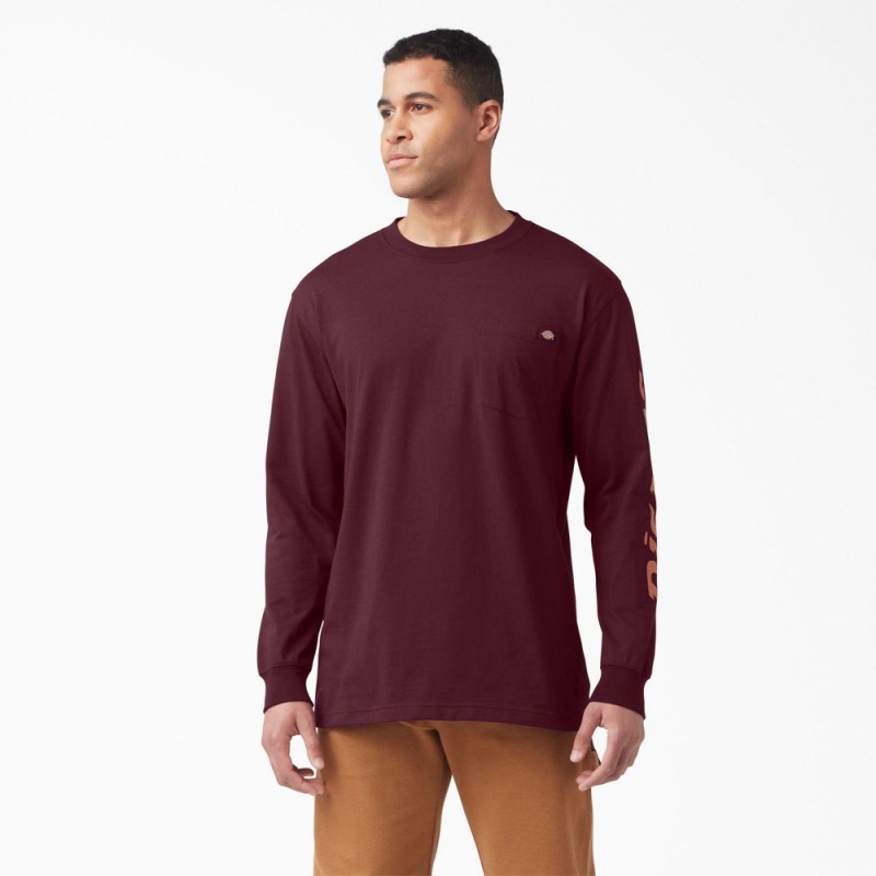 Burgundy Men\'s Dickies Logo Graphic Long Sleeve Pocket T-Shirt | BUW278459