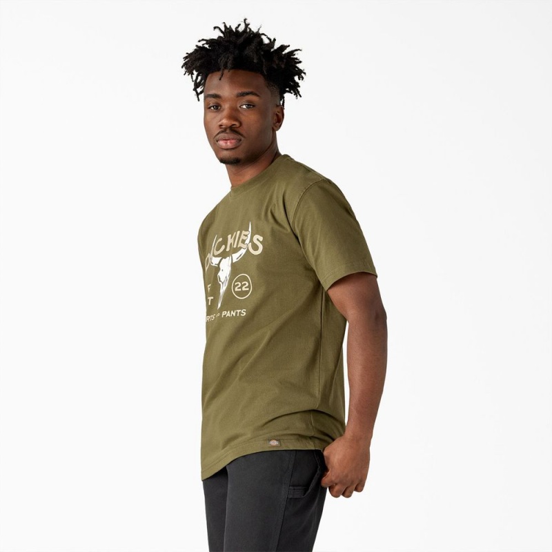 Green Men's Dickies Bull Skull Heavyweight T-Shirt | AHT943105