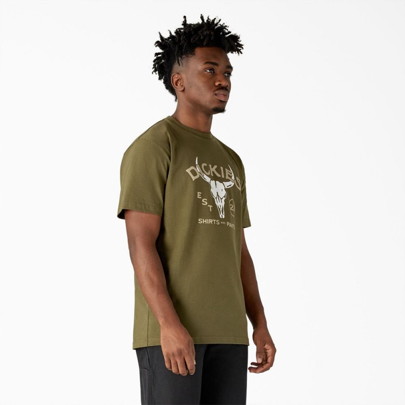 Green Men's Dickies Bull Skull Heavyweight T-Shirt | AHT943105