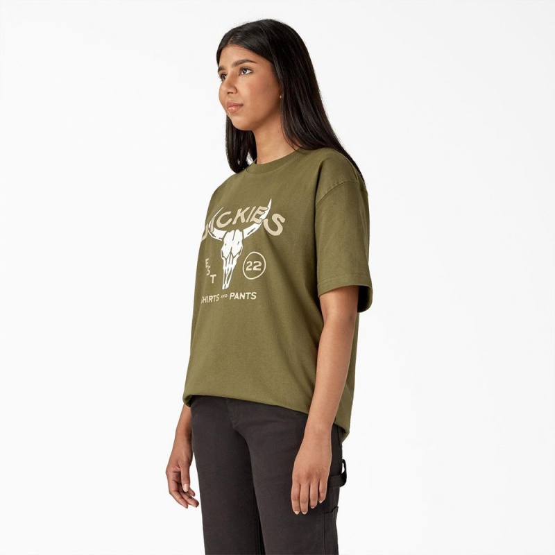 Green Men's Dickies Bull Skull Heavyweight T-Shirt | AHT943105