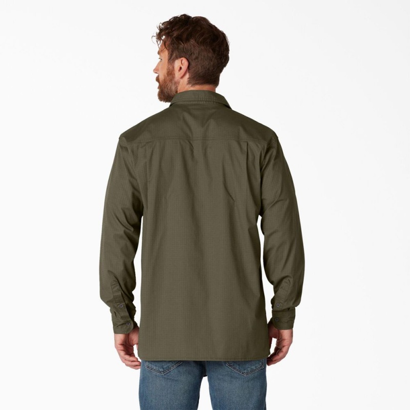 Green Men's Dickies FLEX Ripstop Long Sleeve Shirt | YIE869423