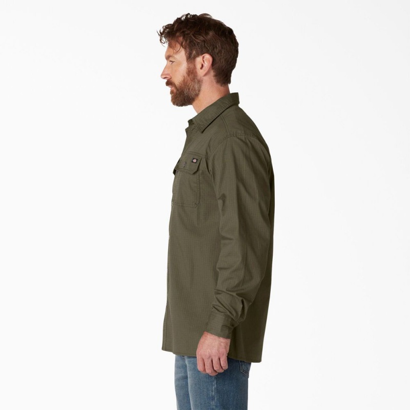 Green Men's Dickies FLEX Ripstop Long Sleeve Shirt | YIE869423