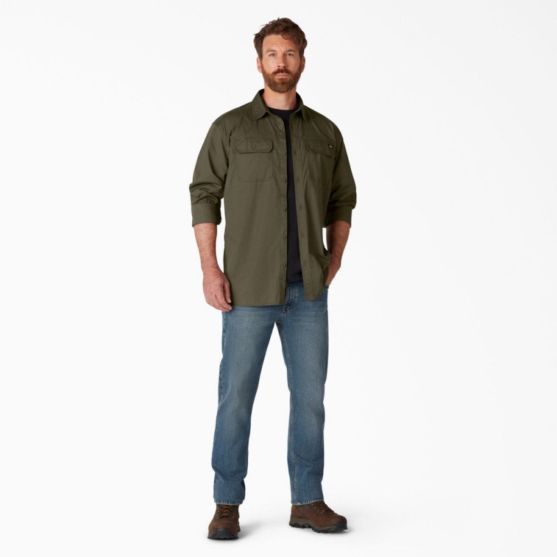 Green Men's Dickies FLEX Ripstop Long Sleeve Shirt | YIE869423