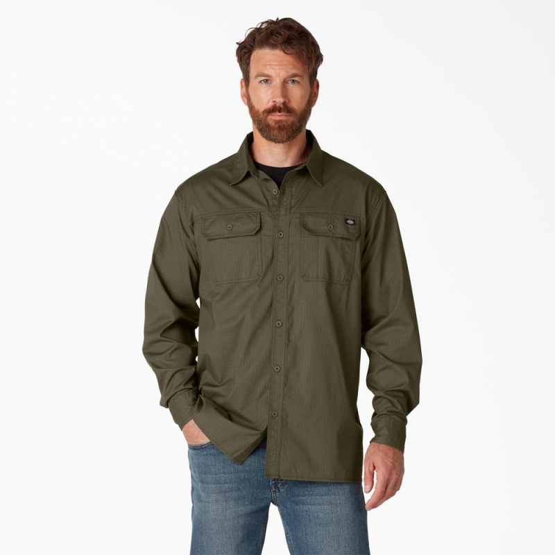 Green Men\'s Dickies FLEX Ripstop Long Sleeve Shirt | YIE869423