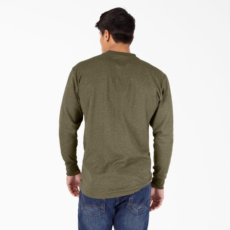 Green Men's Dickies Heavyweight Heathered Long Sleeve Henley T-Shirt | FXI081524