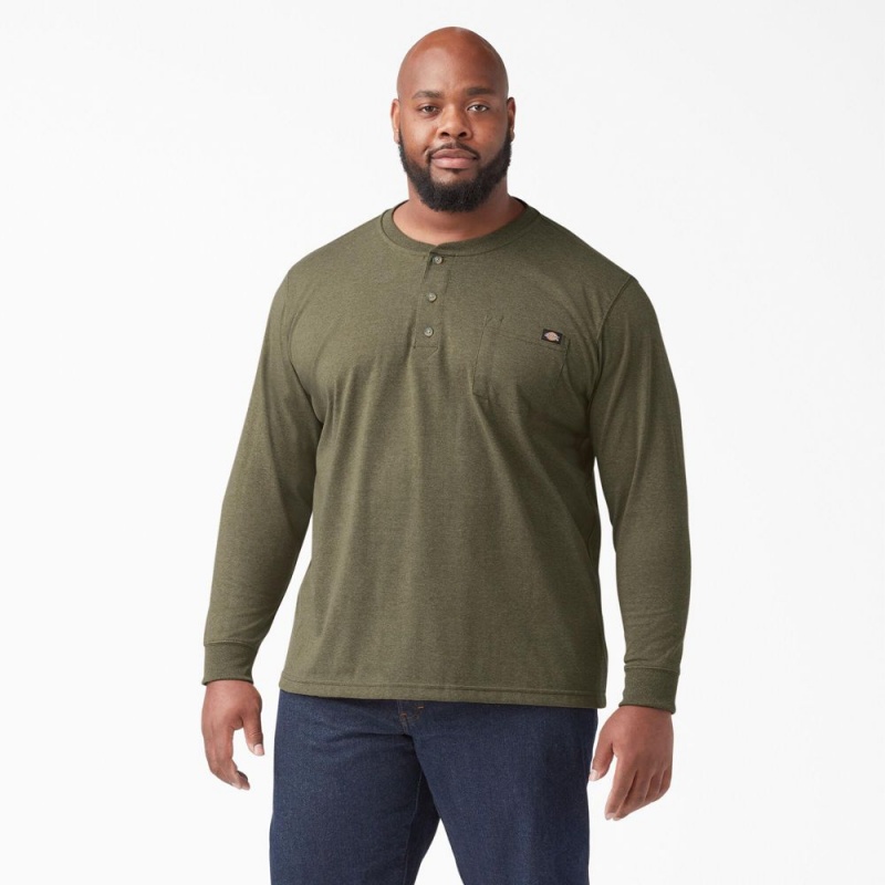 Green Men's Dickies Heavyweight Heathered Long Sleeve Henley T-Shirt | FXI081524