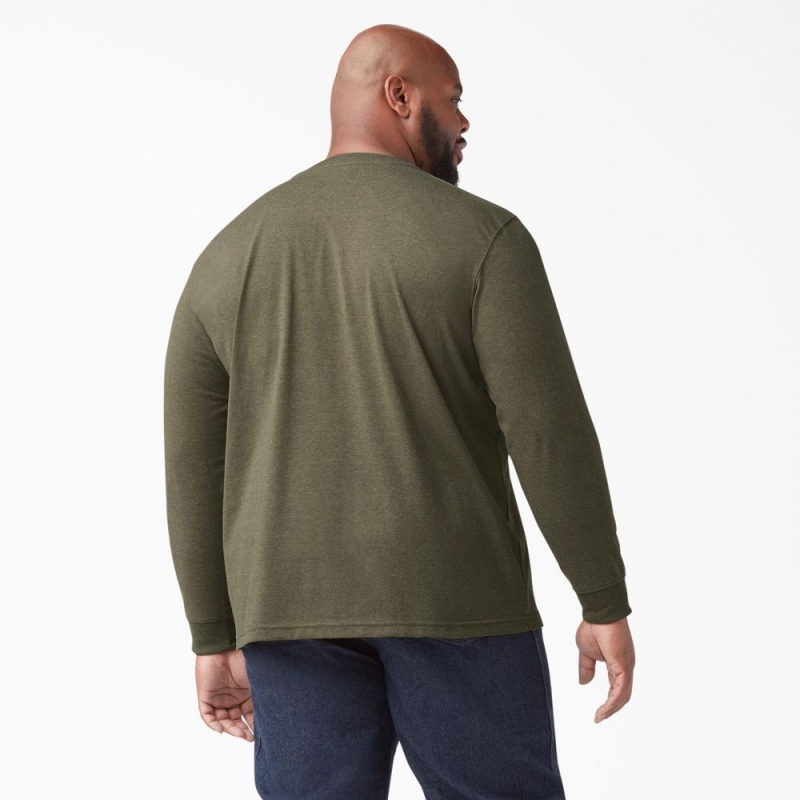 Green Men's Dickies Heavyweight Heathered Long Sleeve Henley T-Shirt | FXI081524