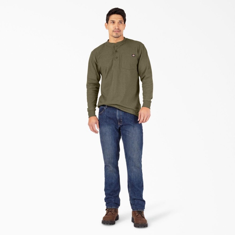 Green Men's Dickies Heavyweight Heathered Long Sleeve Henley T-Shirt | FXI081524