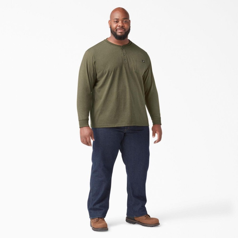 Green Men's Dickies Heavyweight Heathered Long Sleeve Henley T-Shirt | FXI081524