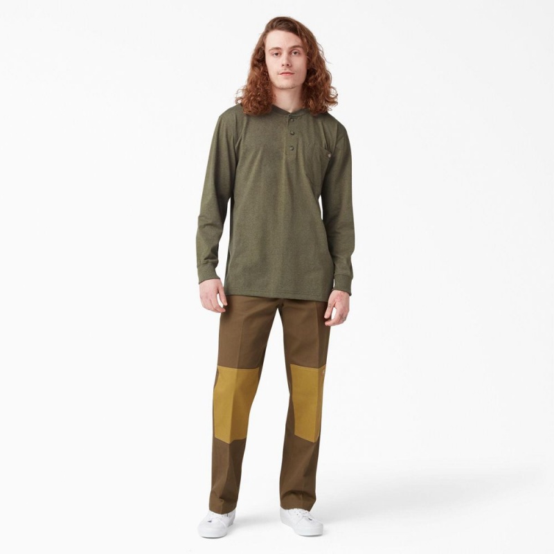 Green Men's Dickies Heavyweight Heathered Long Sleeve Henley T-Shirt | FXI081524