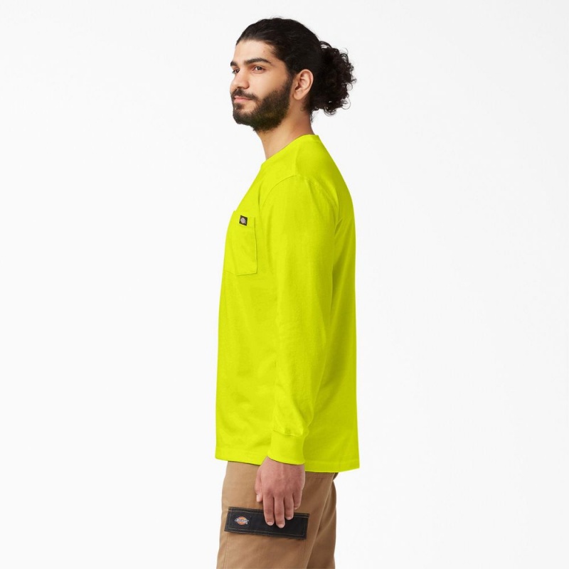 Green Men's Dickies Heavyweight Neon Long Sleeve Pocket T-Shirt | MXG415736