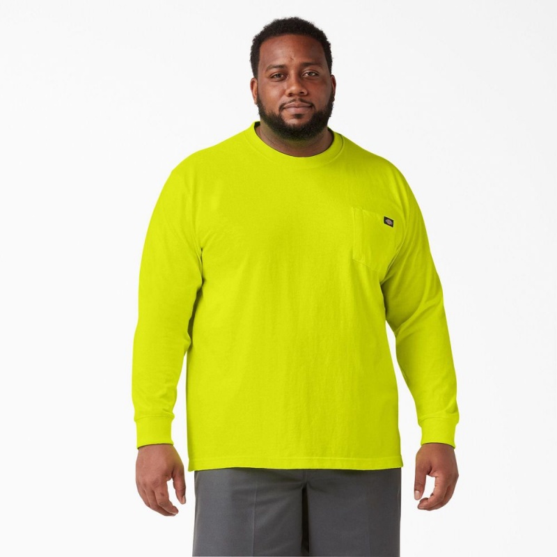 Green Men's Dickies Heavyweight Neon Long Sleeve Pocket T-Shirt | MXG415736