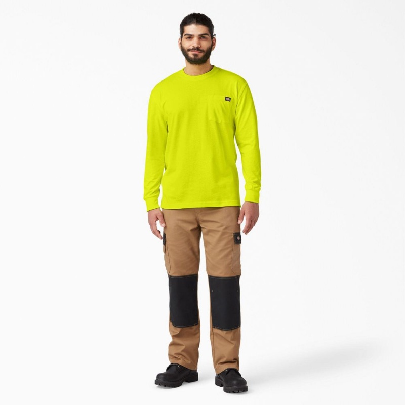 Green Men's Dickies Heavyweight Neon Long Sleeve Pocket T-Shirt | MXG415736