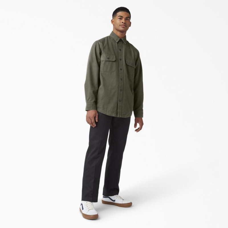 Green Men's Dickies Long Sleeve Flannel-Lined Duck Shirt | UGE376524