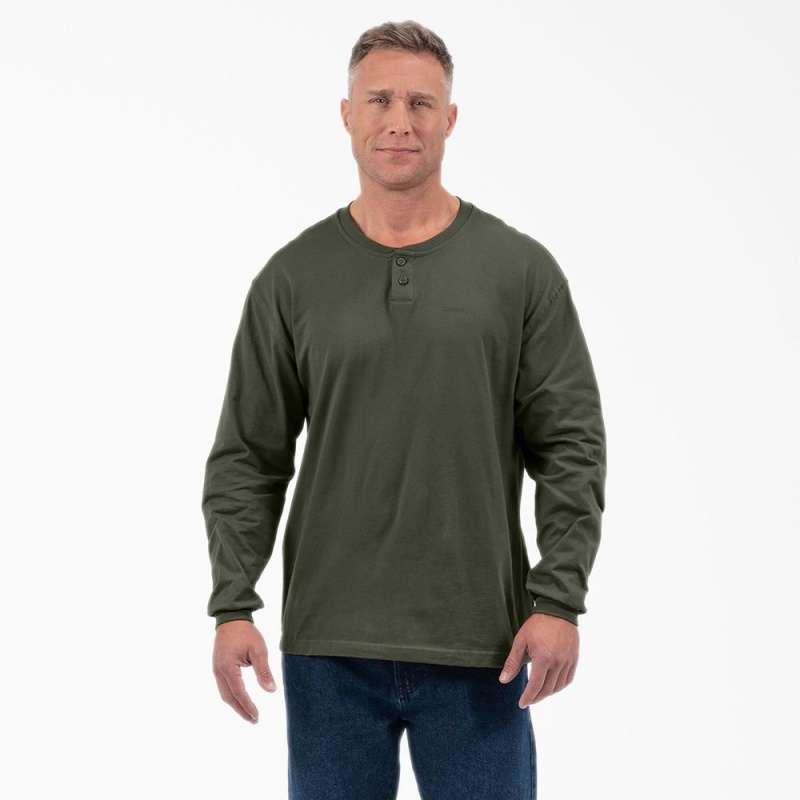 Green Men\'s Dickies Long Sleeve Henley T-Shirt | UQL526384