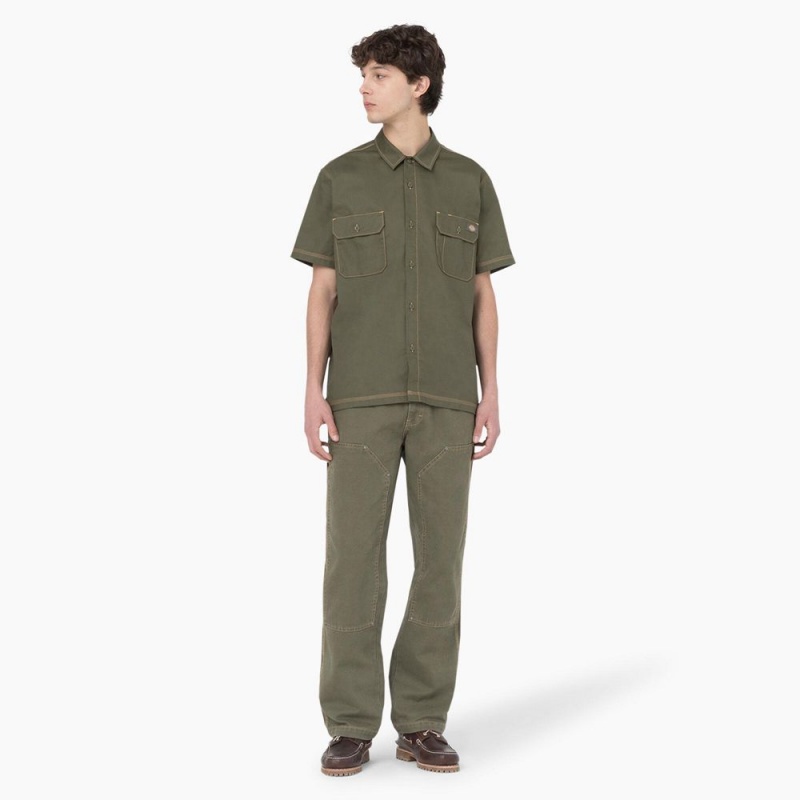 Green Men's Dickies Madras Short Sleeve Work Shirts | APY409326