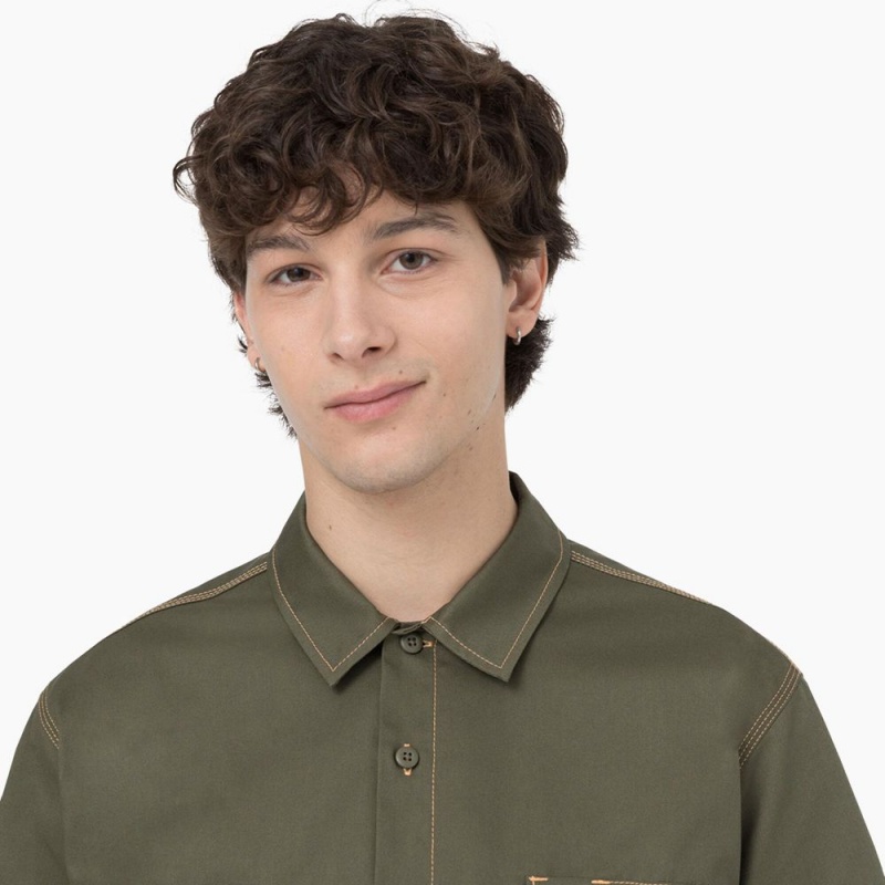 Green Men's Dickies Madras Short Sleeve Work Shirts | APY409326