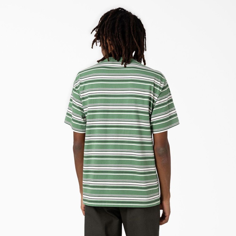 Green Men's Dickies Relaxed Fit Striped Pocket T-Shirt | OBF768392