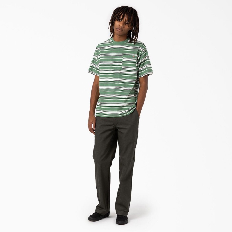 Green Men's Dickies Relaxed Fit Striped Pocket T-Shirt | OBF768392