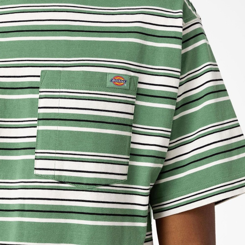 Green Men's Dickies Relaxed Fit Striped Pocket T-Shirt | OBF768392