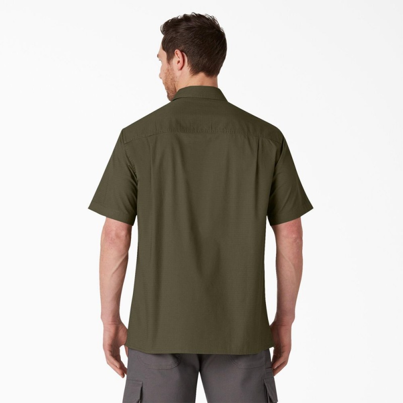 Green Men's Dickies Short Sleeve Ripstop Work Shirts | ZXU652480