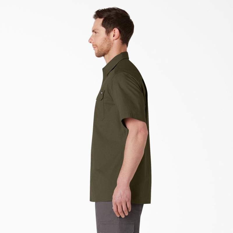 Green Men's Dickies Short Sleeve Ripstop Work Shirts | ZXU652480