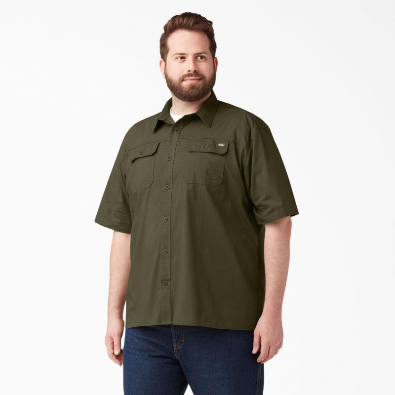 Green Men's Dickies Short Sleeve Ripstop Work Shirts | ZXU652480