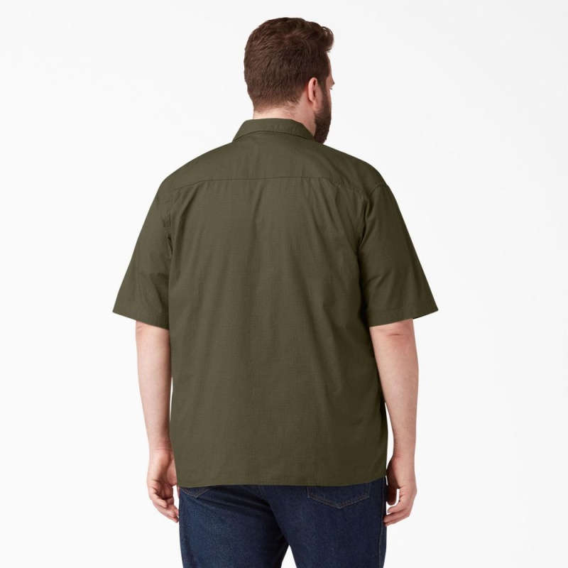 Green Men's Dickies Short Sleeve Ripstop Work Shirts | ZXU652480