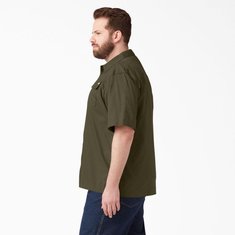 Green Men's Dickies Short Sleeve Ripstop Work Shirts | ZXU652480