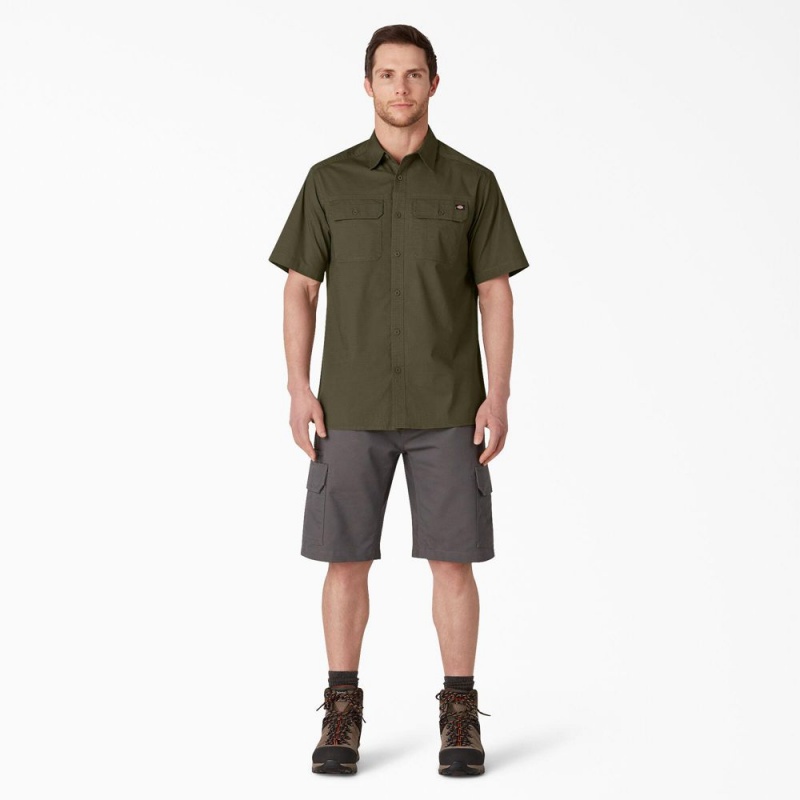 Green Men's Dickies Short Sleeve Ripstop Work Shirts | ZXU652480