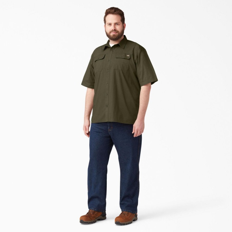 Green Men's Dickies Short Sleeve Ripstop Work Shirts | ZXU652480