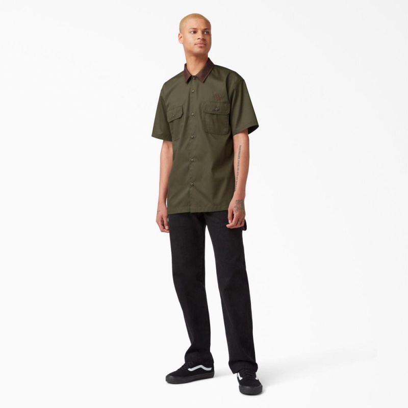 Green Men's Dickies Vincent Alvarez Block Collar Work Shirts | TMP472536