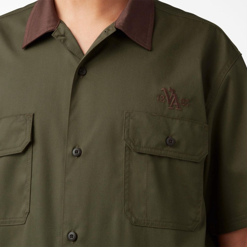 Green Men's Dickies Vincent Alvarez Block Collar Work Shirts | TMP472536