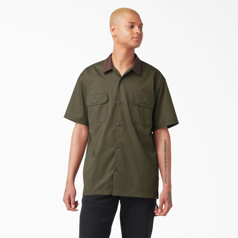 Green Men\'s Dickies Vincent Alvarez Block Collar Work Shirts | TMP472536