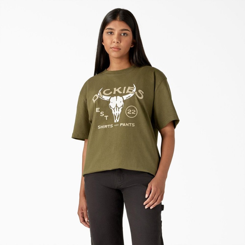 Green Women's Dickies Bull Skull Heavyweight T-Shirt | GAY573629