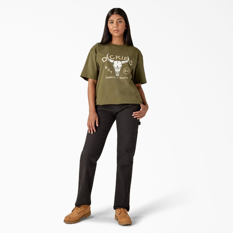 Green Women's Dickies Bull Skull Heavyweight T-Shirt | GAY573629