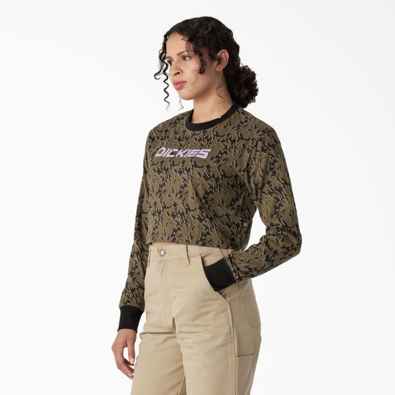 Green Women's Dickies Camo Long Sleeve Cropped T-Shirt | HBI389174