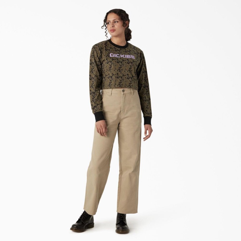 Green Women's Dickies Camo Long Sleeve Cropped T-Shirt | HBI389174