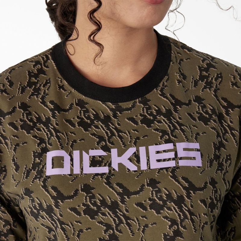 Green Women's Dickies Camo Long Sleeve Cropped T-Shirt | HBI389174