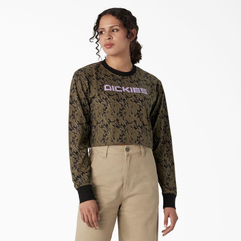 Green Women\'s Dickies Camo Long Sleeve Cropped T-Shirt | HBI389174